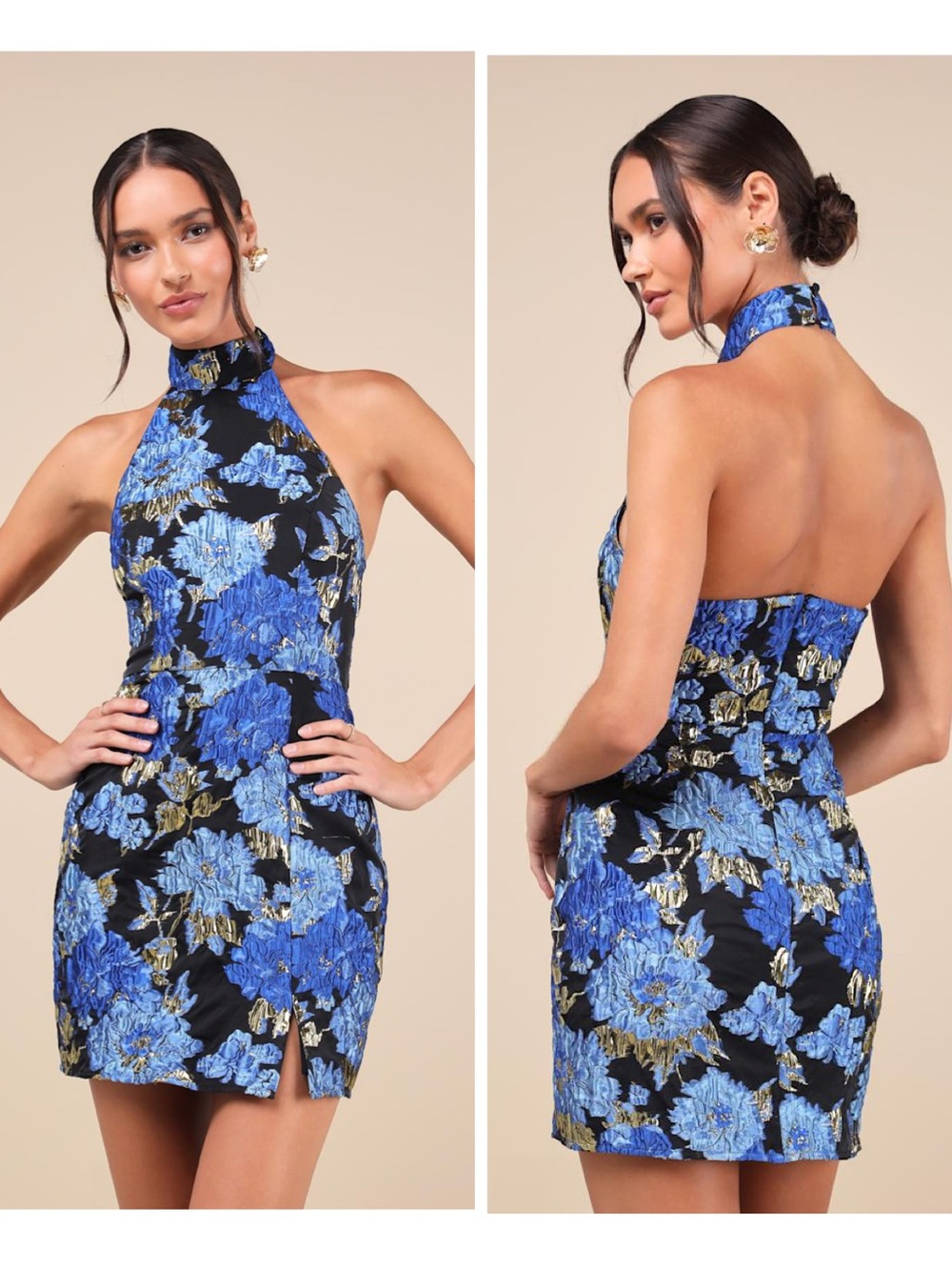 Lulus Extraordinary Impression Black Floral Jacquard Halter Mini Dress Large NWT